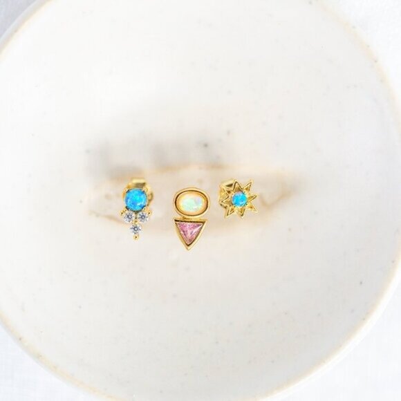 Tiny Stud Earrings Opal and Pink CZ Triangle Opal & Crystal Dainty Studs PRETTY - Picture 12 of 12